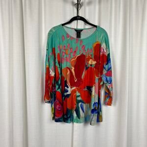 Ali Miles Teal&Bright Red Abstract Floral 3/4 Sleeve Top Sz.1X